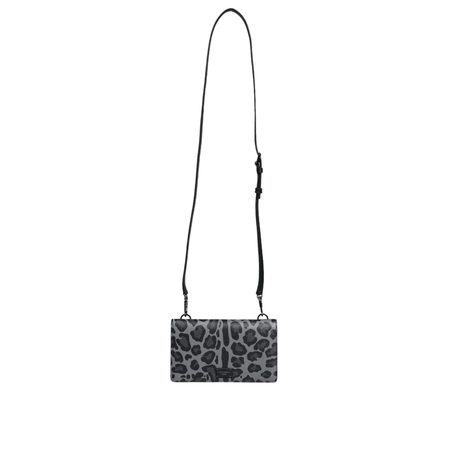 Dolce & Gabbana Black Gray Leopard Leather Bifold Card Slot Crossbody Bag