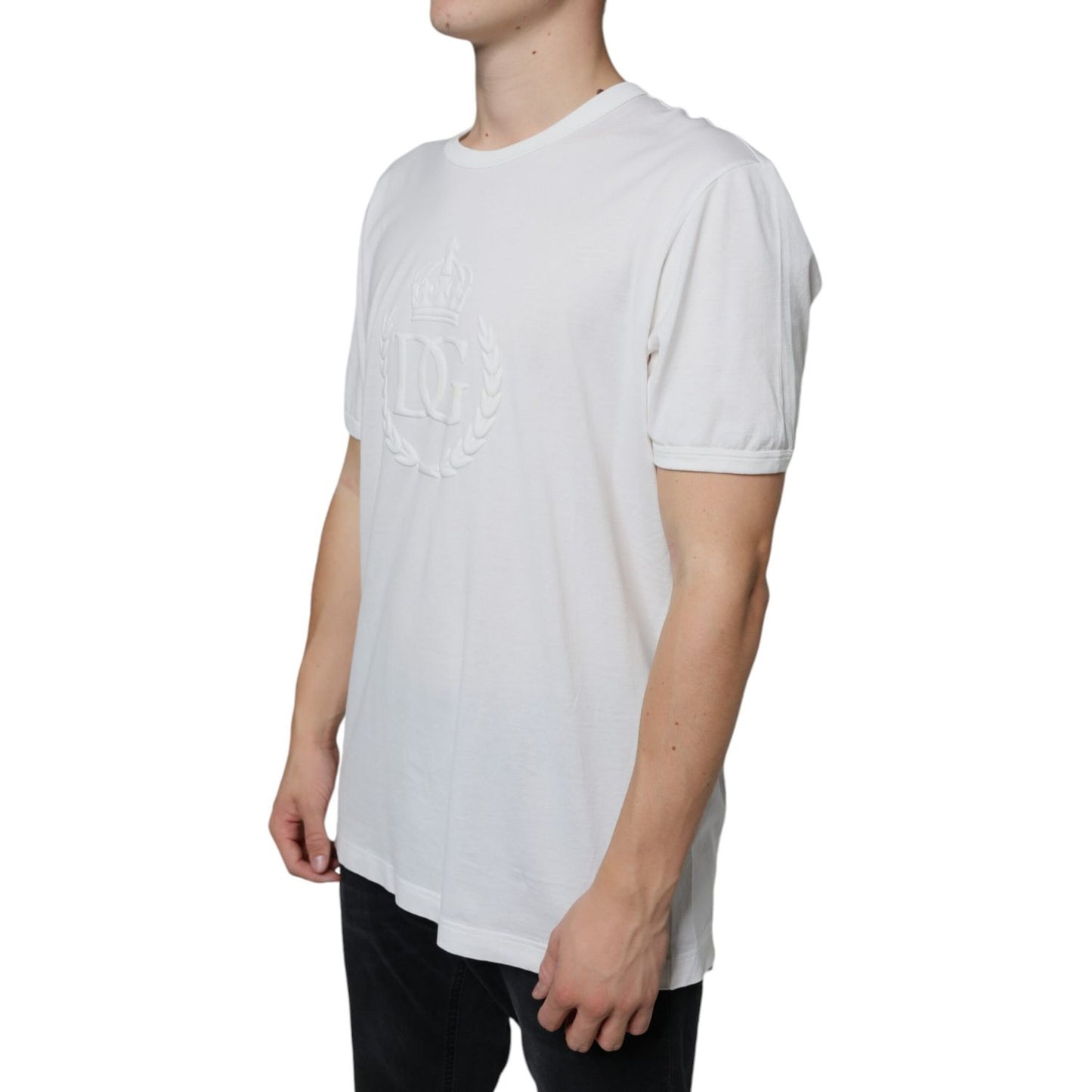 Dolce & Gabbana White Logo Embossed Cotton Crewneck T-shirt