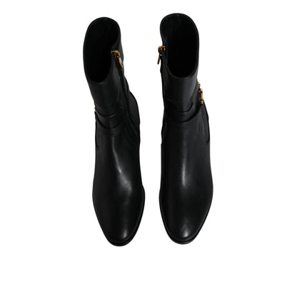 Dolce & Gabbana Black Leather Logo Mid Calf Boots Shoes