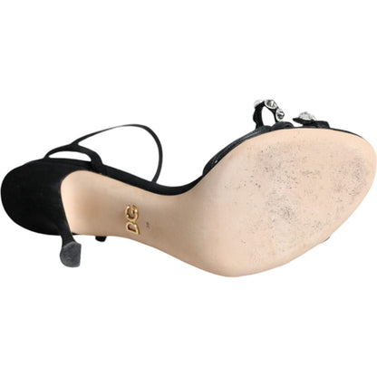 Dolce & Gabbana Black Leather Crystal Bow Heels Sandals Shoes
