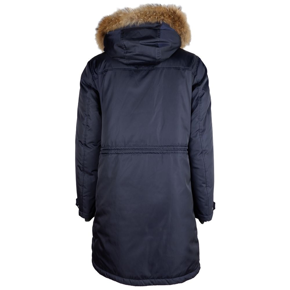 Add Blue Nylon Men Jacket with Fur-Trimmed Hood