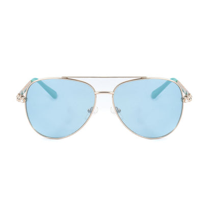 Guess Gold Metal Sunglasses with blue lenses, model GF0356-5932V, featuring 59/13/135mm measurements ideal for women.