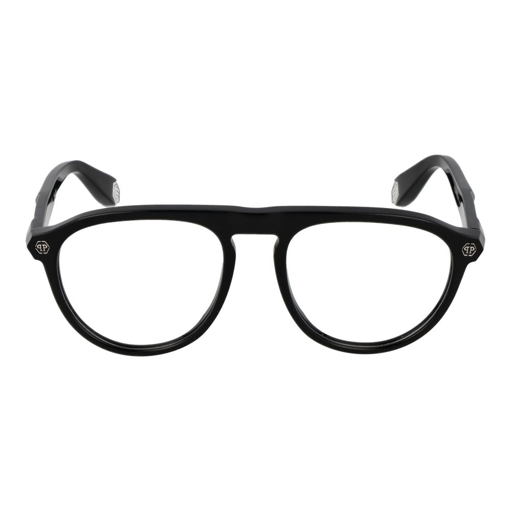 Philipp Plein Black Men Glasses Frame, round full-rim style made of cellulose acetate, includes branded case, size 54-18-145.