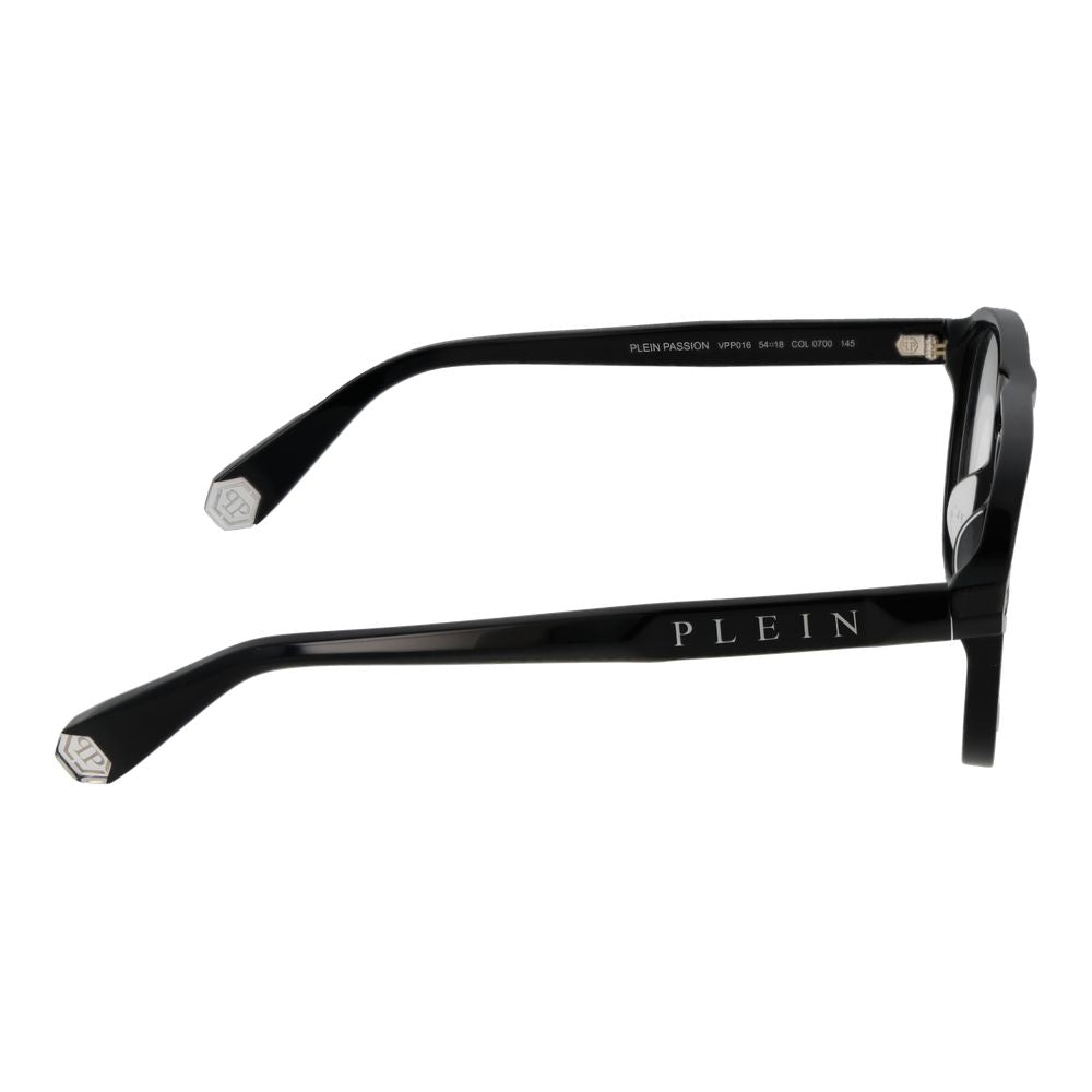 Philipp Plein Black Men Glasses Frame with cellulose acetate, full-rim design. Side view showcases branding on temples. Size 54-18-145.