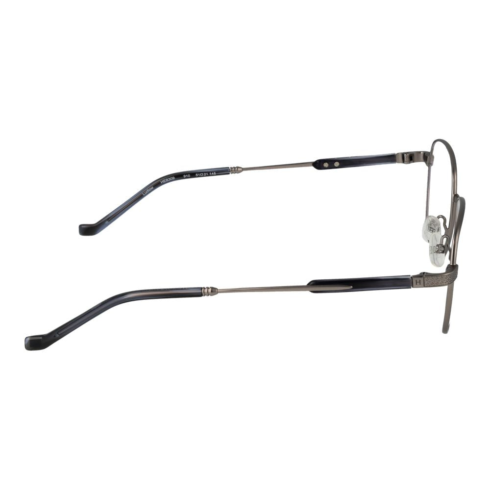 Side view of Hackett Gray Men Glasses Frame in gunmetal color with full-rim square design, metal frame, and plastic demo lenses.