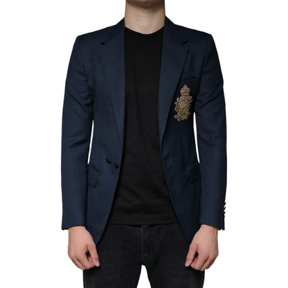 Dolce & Gabbana Blue Wool Logo Single Breasted Coat Blazer
