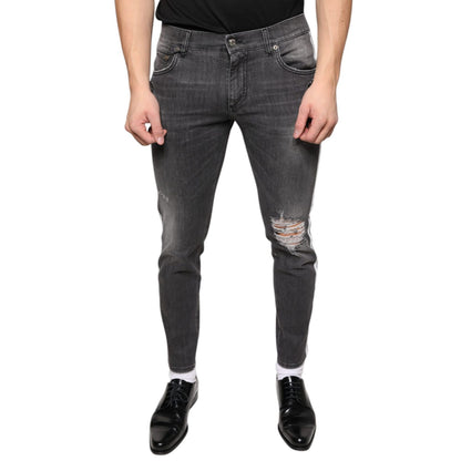 Dolce & Gabbana Black Tattered Cotton Skinny Men Denim Jeans