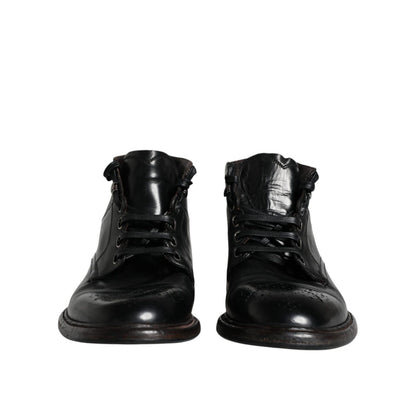 Dolce & Gabbana Black Leather Men Short Boots Lace Up Shoes Dolce & Gabbana