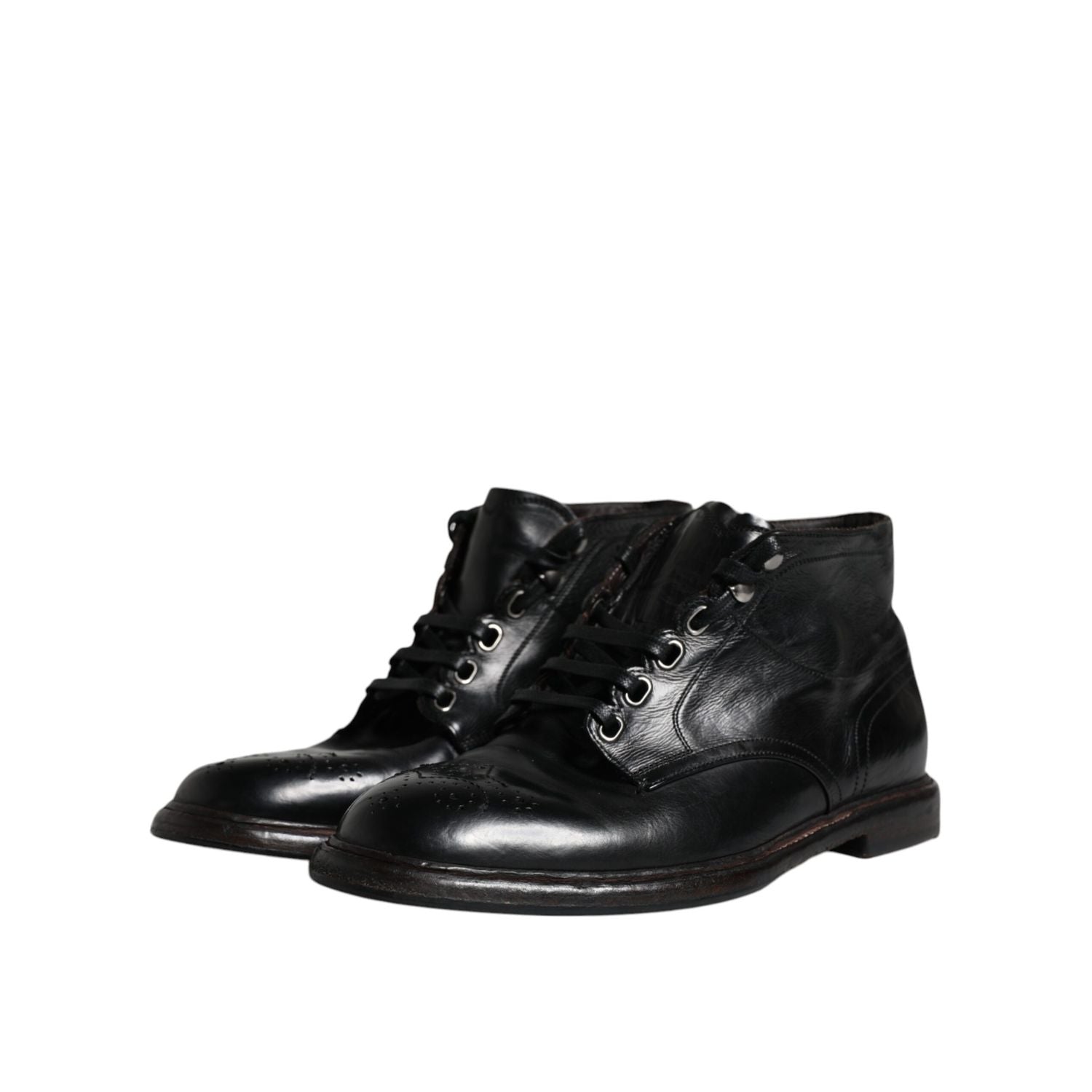 Dolce & Gabbana Black Leather Men Short Boots Lace Up Shoes