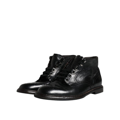 Dolce & Gabbana Black Leather Men Short Boots Lace Up Shoes Dolce & Gabbana