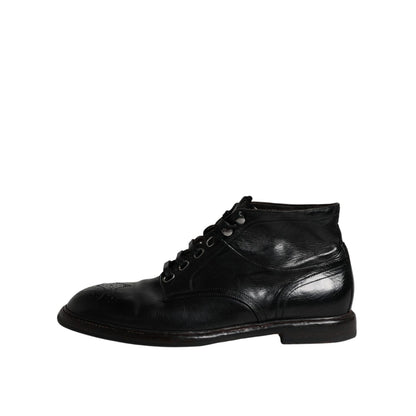 Dolce & Gabbana Black Leather Men Short Boots Lace Up Shoes Dolce & Gabbana