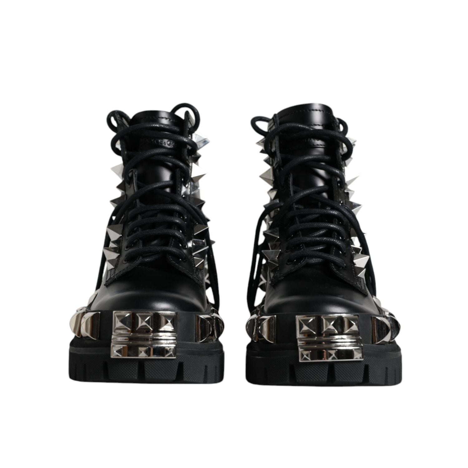 Dolce & Gabbana Black Leather Studded Trekking Boots Shoes
