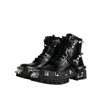 Dolce & Gabbana Black Leather Studded Trekking Boots Shoes
