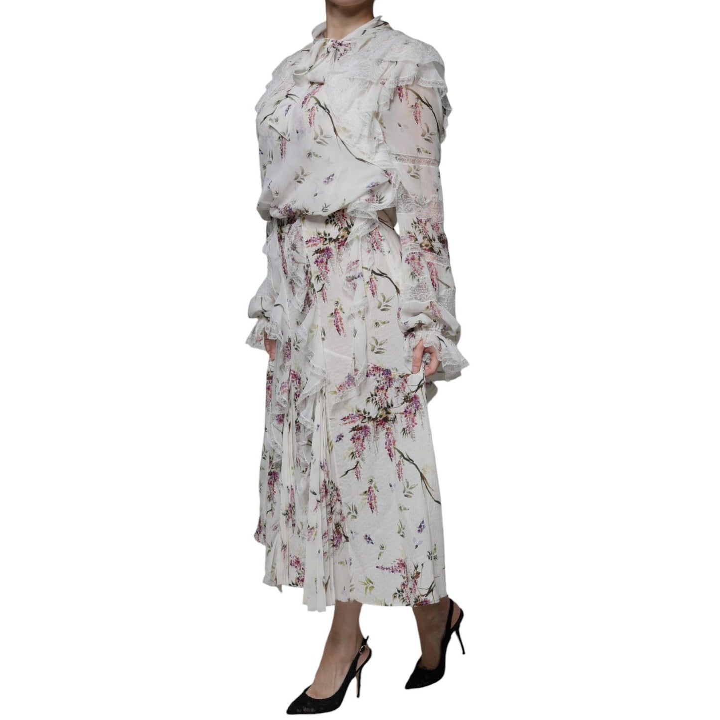 Ermanno Scervino White Floral Ruffles Lace Long Sleeves Maxi Dress