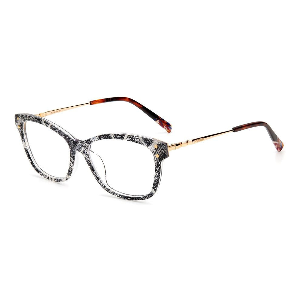 Missoni Bicolor Acetate Frames with white and black pattern, featuring 53mm lens, 15mm bridge, and 140mm temple measurements.