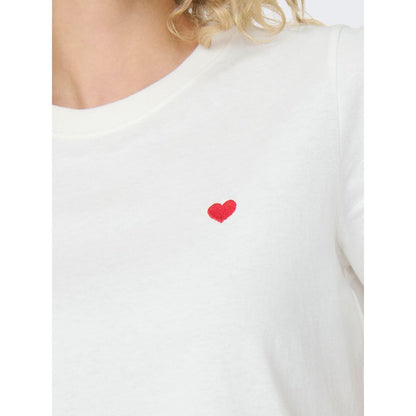 Jacqueline De Yong White Cotton T-Shirt with embroidered heart detail and crew neck design - short-sleeved and regular fit for daily comfort.