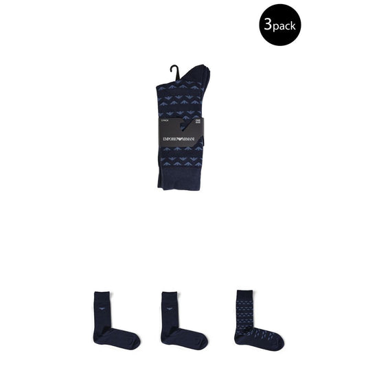 Emporio Armani Underwear Blue Cotton Sock 3-pack displaying stylish and breathable 100% cotton material for men.