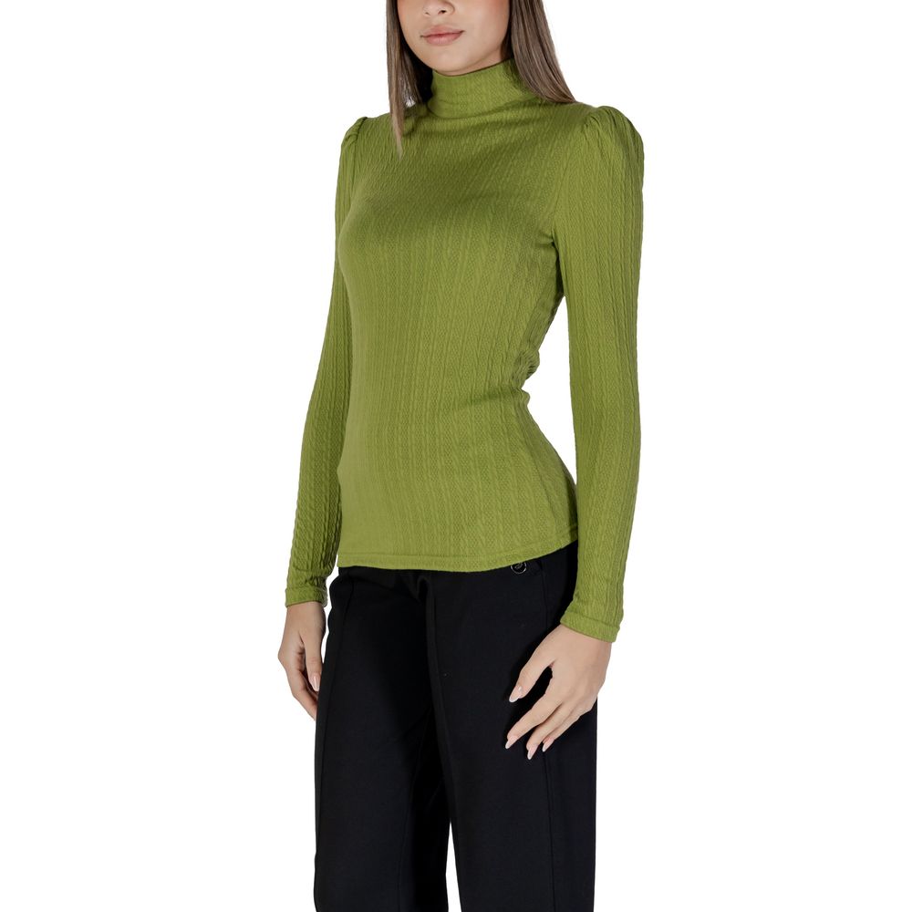 B.Young Green Polyester Long Sleeve T-Shirt with high neck and ribbed texture for women, model showcasing fit and elegant design.