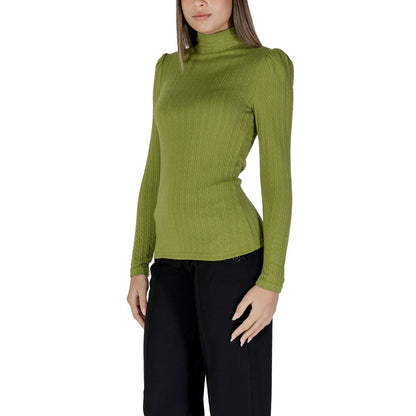 B.Young Green Polyester Long Sleeve T-Shirt with high neck and ribbed texture for women, model showcasing fit and elegant design.