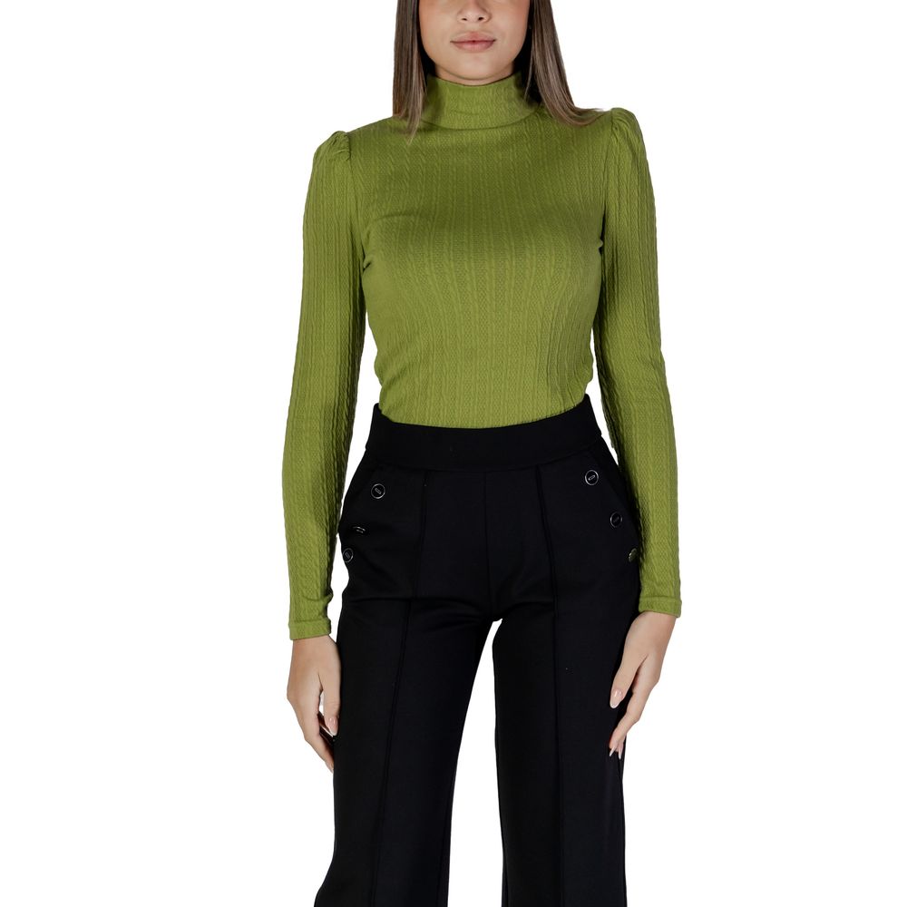 Woman wearing B.Young Green Polyester Long Sleeve T-Shirt with high neck and ribbed texture, emphasizing a chic and elegant look.