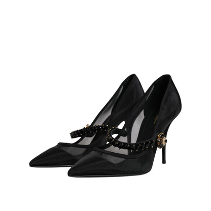 Dolce & Gabbana Black Mesh Mary Jane Crystal Heel Pump Shoes