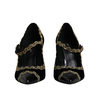 Dolce & Gabbana Black Velvet Gold Mary Janes Pumps Shoes