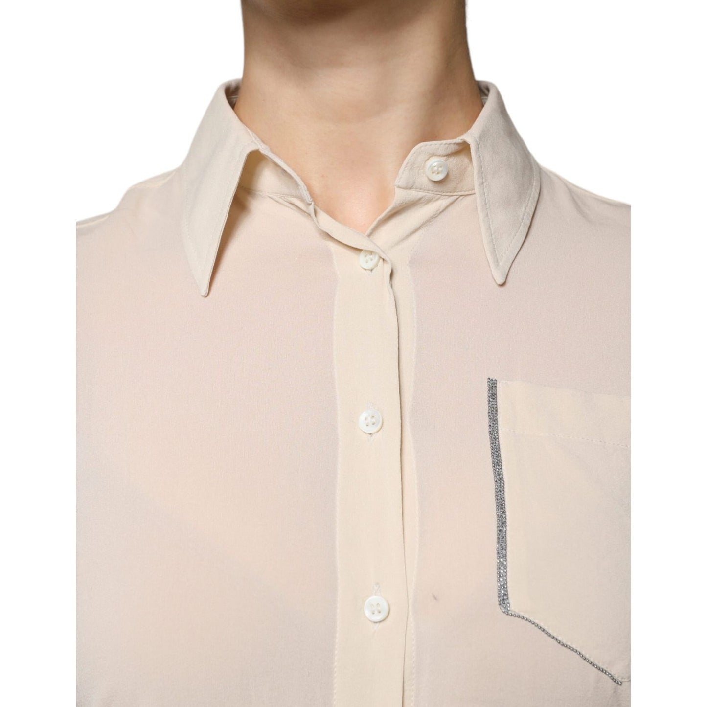 Brunello Cucinelli Beige Silk Blend Collared Button Down Top