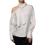 Brunello Cucinelli Beige Silk Ascot Collared Long Sleeves Top