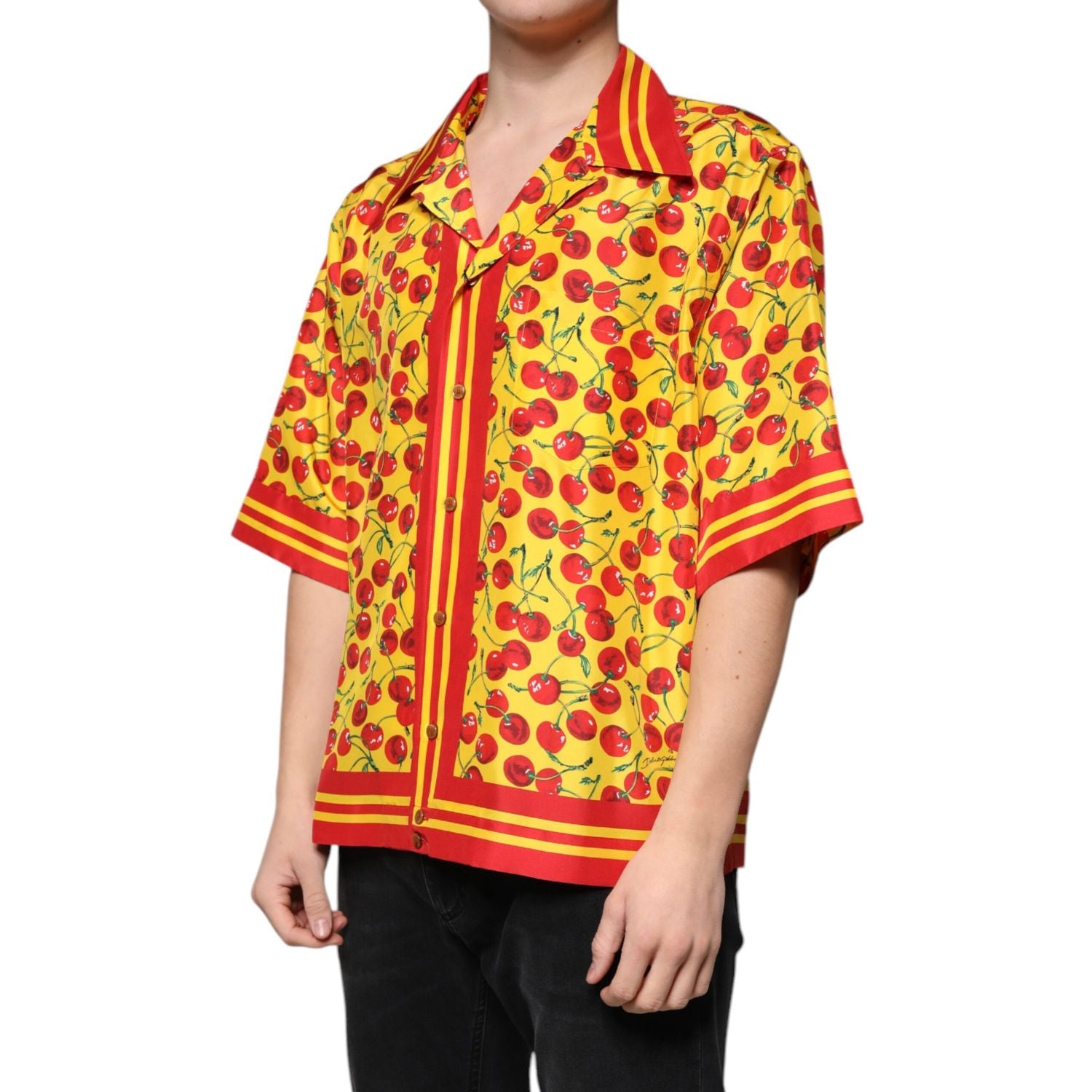 Dolce & Gabbana Yellow Cherry Button Down Silk Casual Shirt