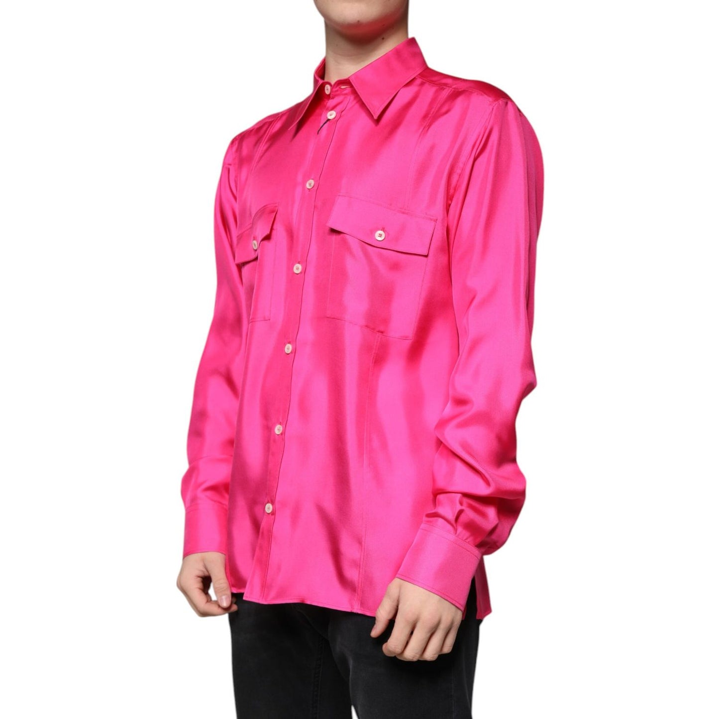 Dolce & Gabbana Pink Silk Collared Button Down Men Shirt