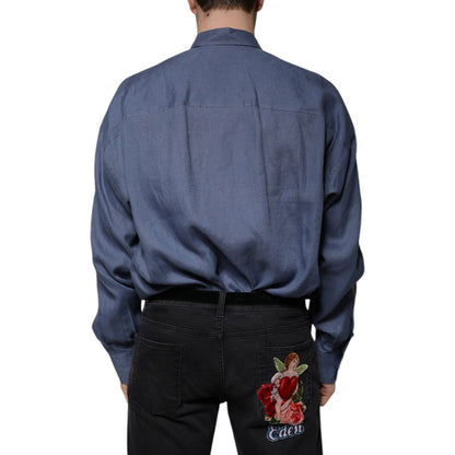 Dolce & Gabbana Blue Logo Long Sleeve Button Down Casual Shirt