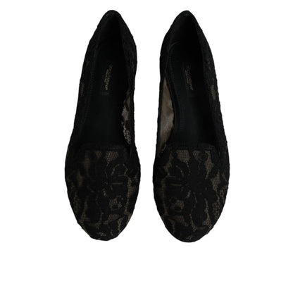 Dolce & Gabbana Black Taormina Lace Slip On Flats Shoes