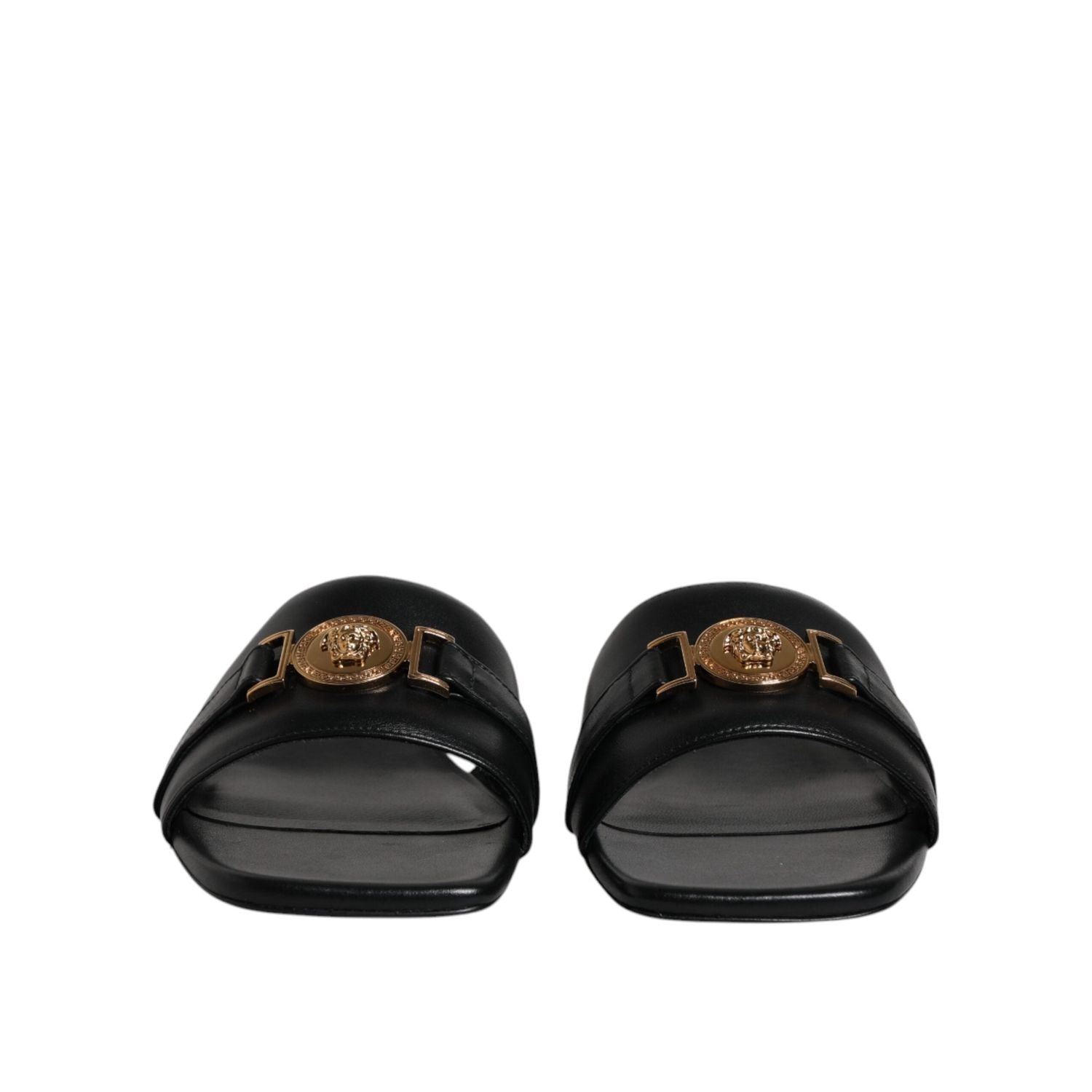 Versace Black Leather Logo Plaque Slip On Slides Flats Shoes