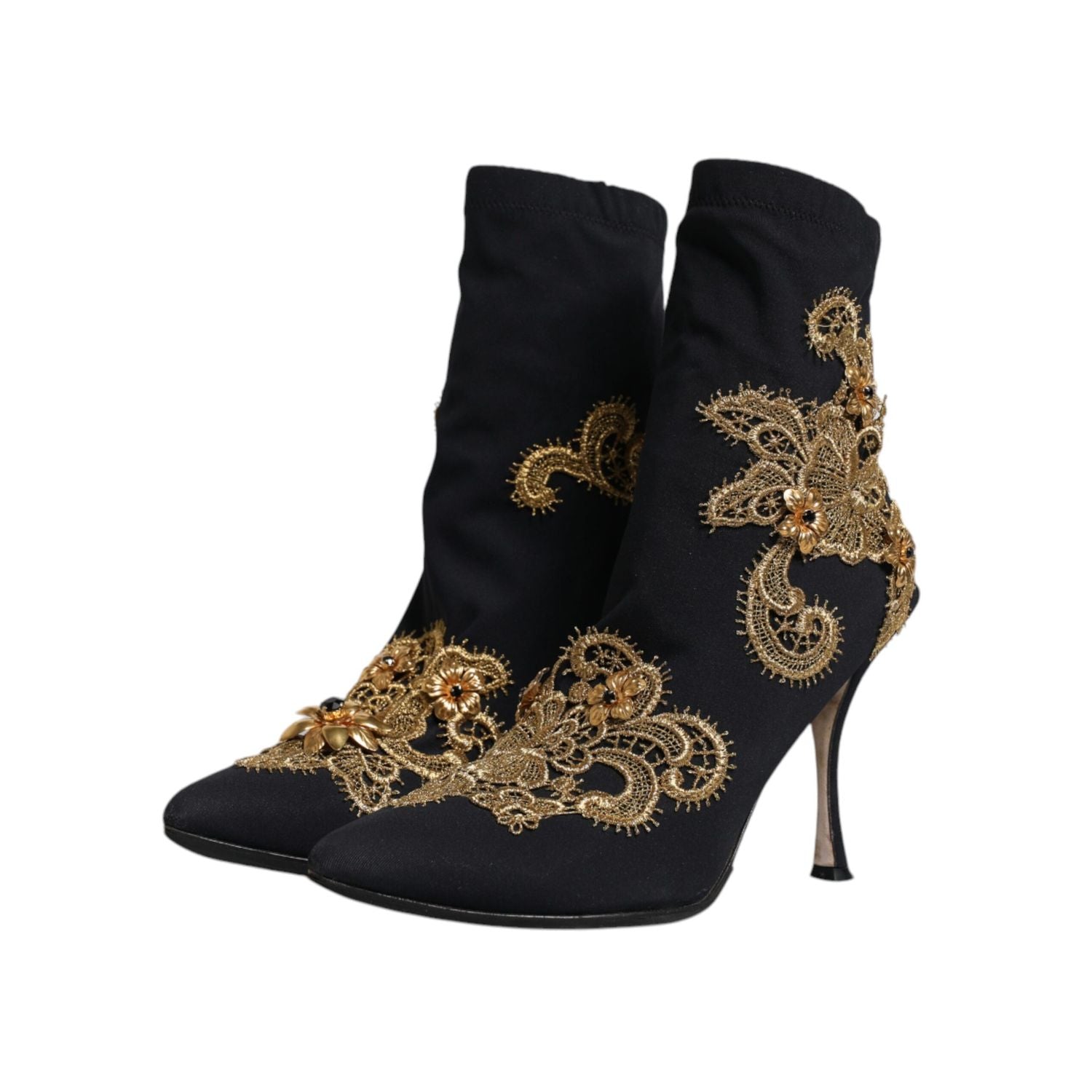 Dolce & Gabbana Black Gold Embroidery Slip On Boots Shoes