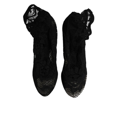 Dolce & Gabbana Black Lace Stretch Heels Mid Calf Boots Shoes Dolce & Gabbana