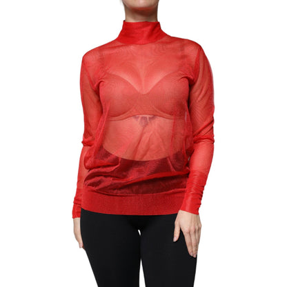 Dolce & Gabbana Red Mesh Turtleneck Long Sleeve Blouse Top