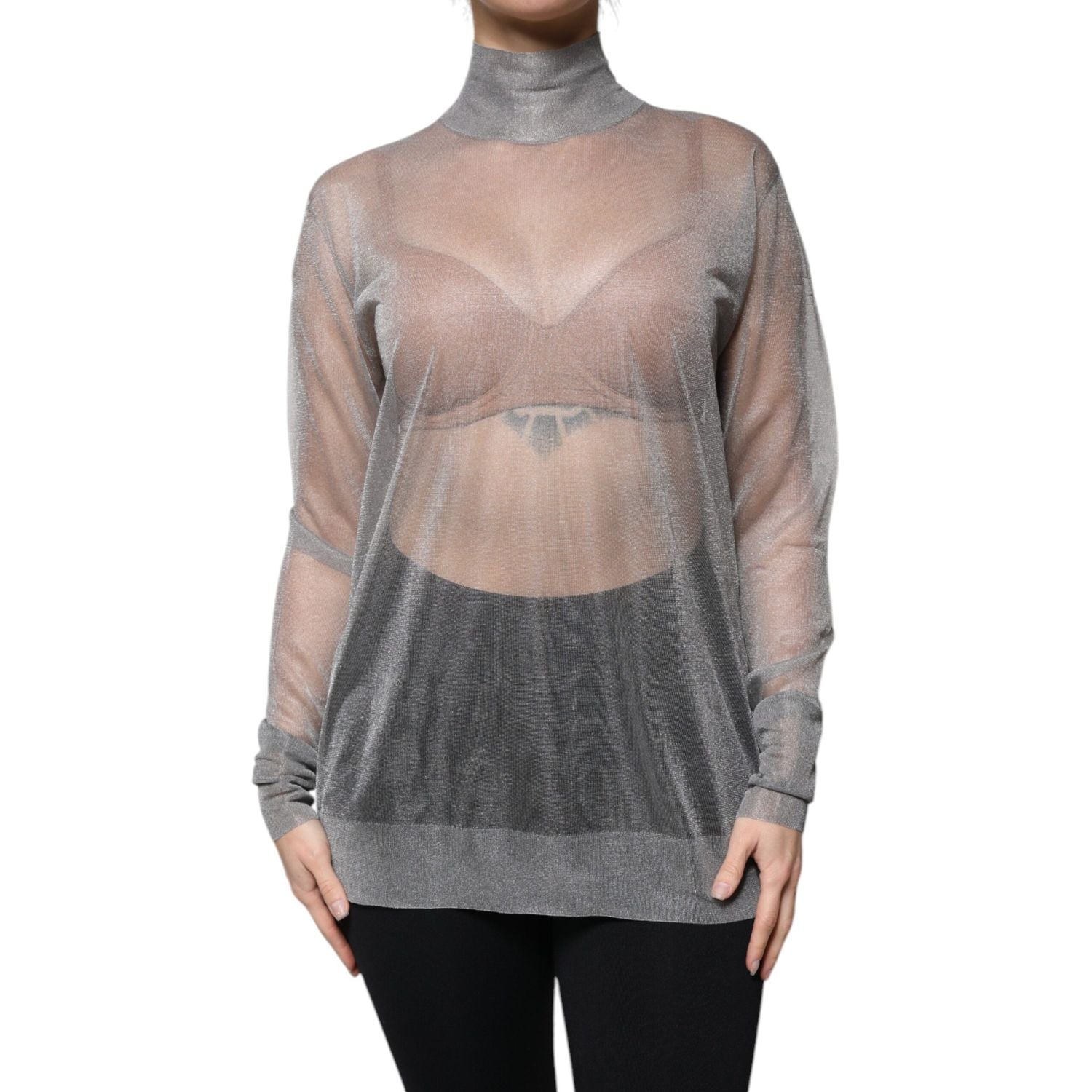 Dolce & Gabbana Grey Mesh Turtleneck Long Sleeve Blouse Top