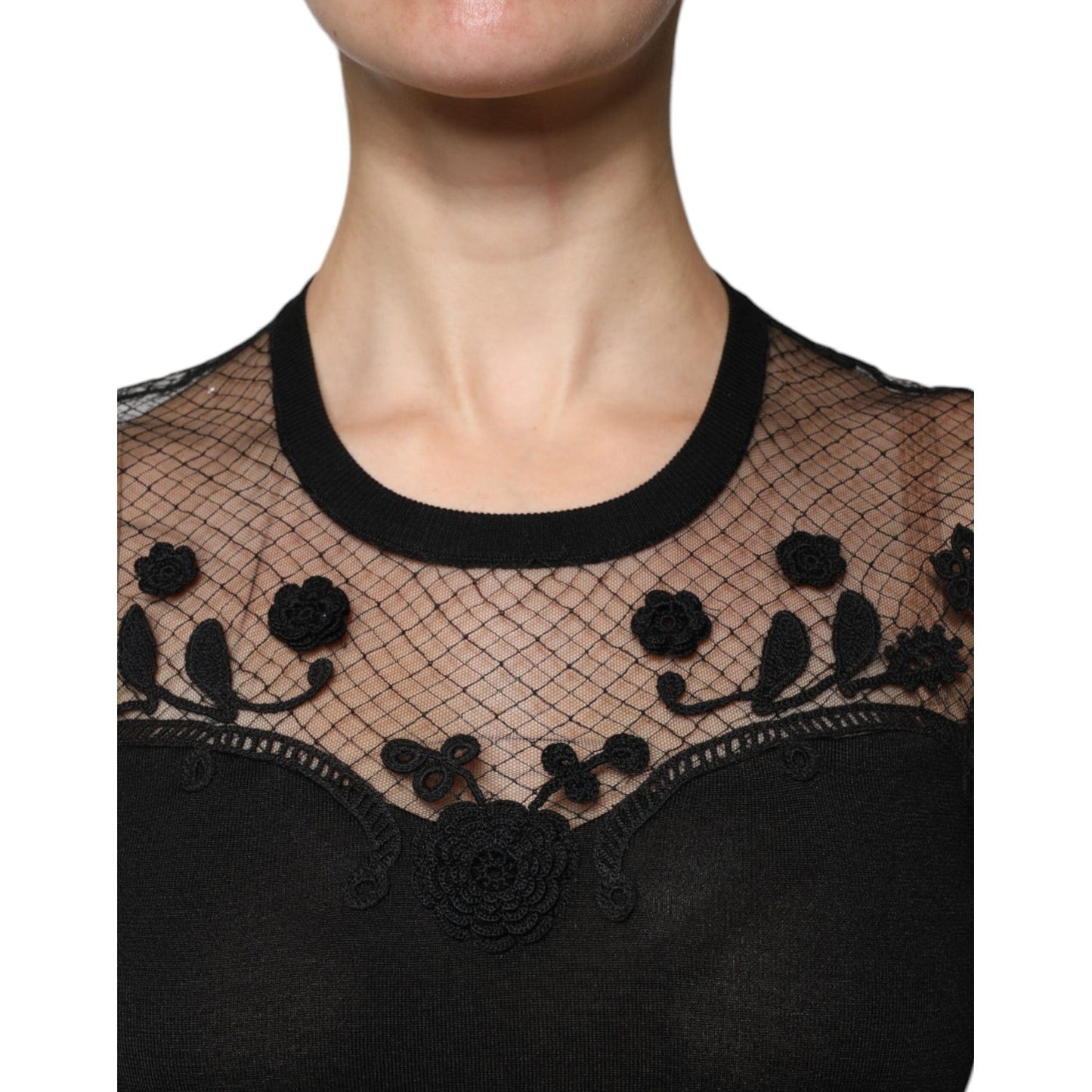 Dolce & Gabbana Black Floral Lace Short Sleeves Blouse Top
