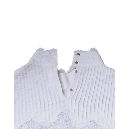 Dolce & Gabbana White Cotton Lace Trim Turtleneck Blouse Top