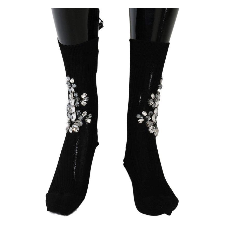 Dolce & Gabbana Black Knitted Floral Clear Crystal Socks