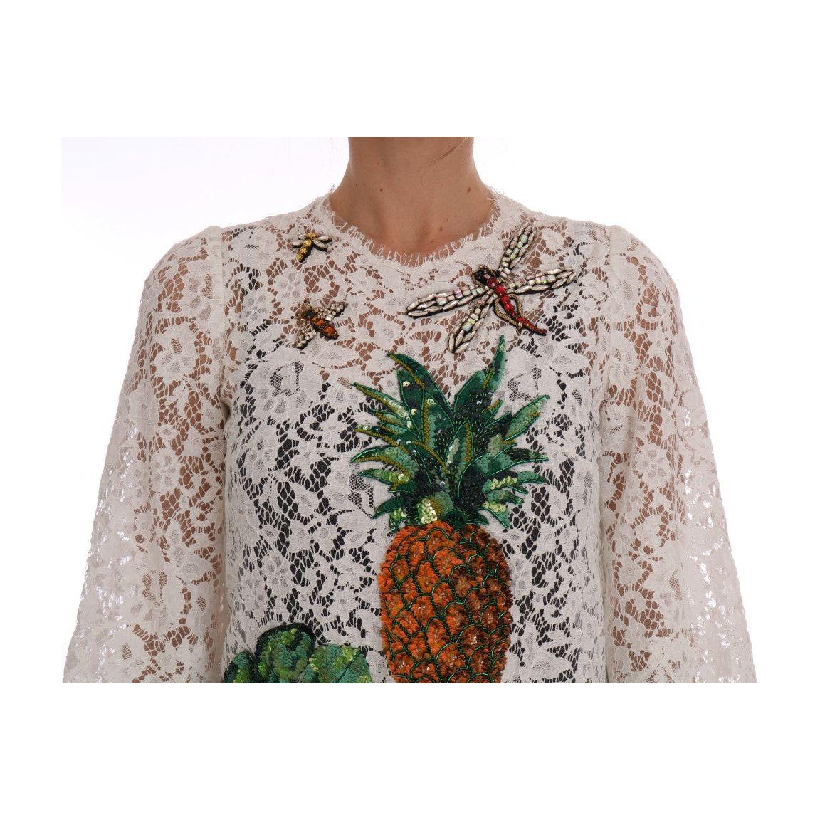 Dolce & Gabbana White Crystal Embellished Lace Blouse