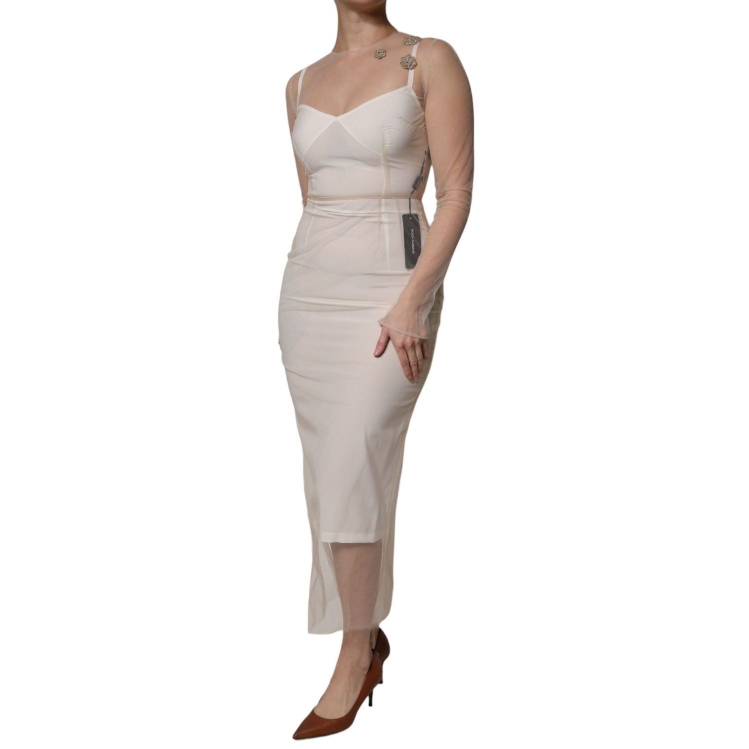 Dolce & Gabbana White Sheer Tulle Bustier Bodycon Midi Dress