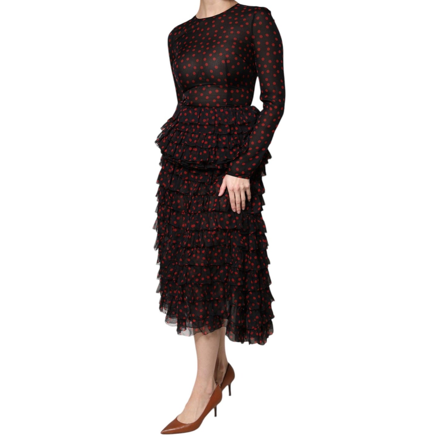 Dolce & Gabbana Black Red Polka Dot Silk Layered Midi Dress