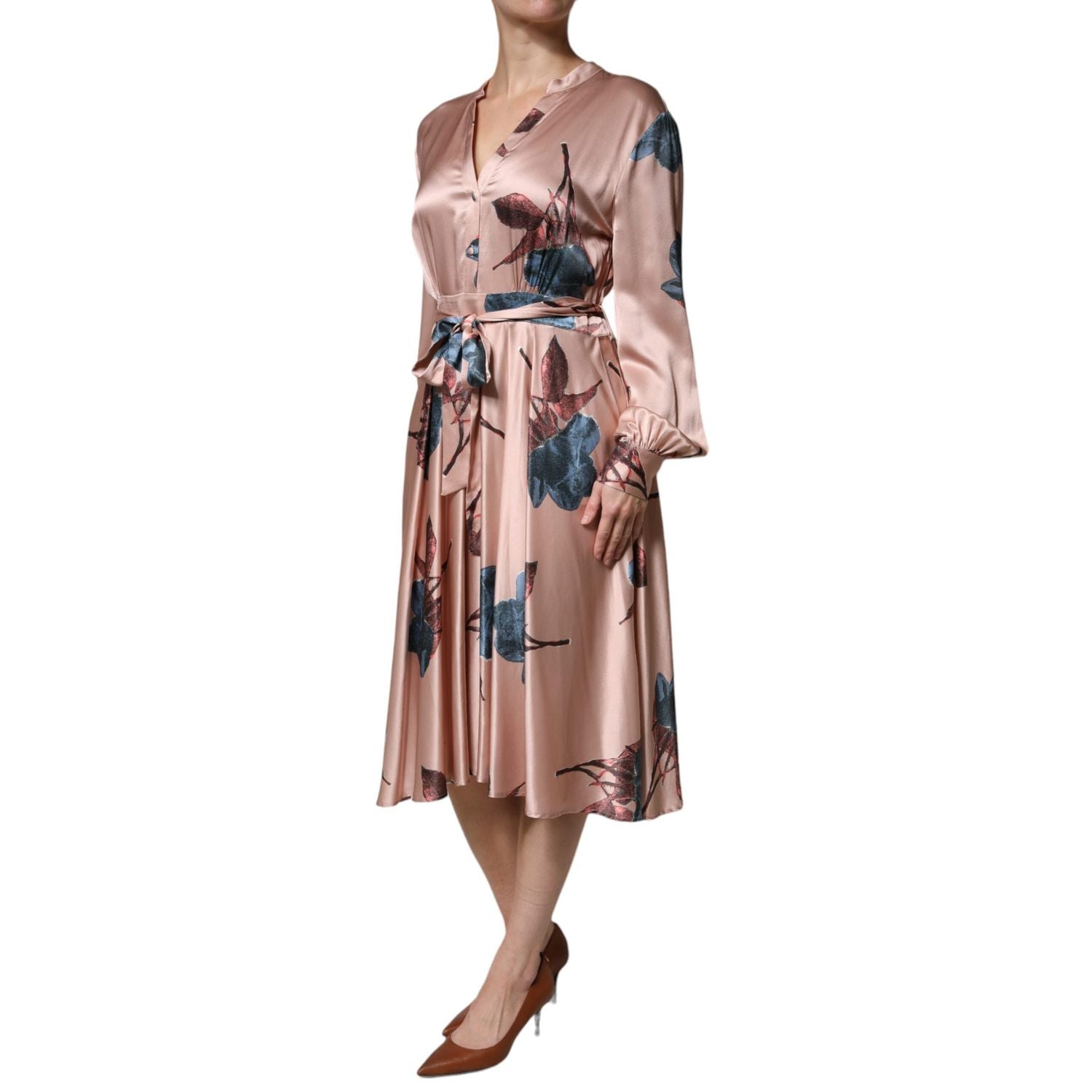 L'Autre Chose Pink Satin Floral Long Sleeves A-line Midi Dress
