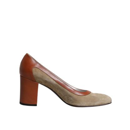 Dolce & Gabbana Beige Brown Leather Block Heels Pumps Shoes