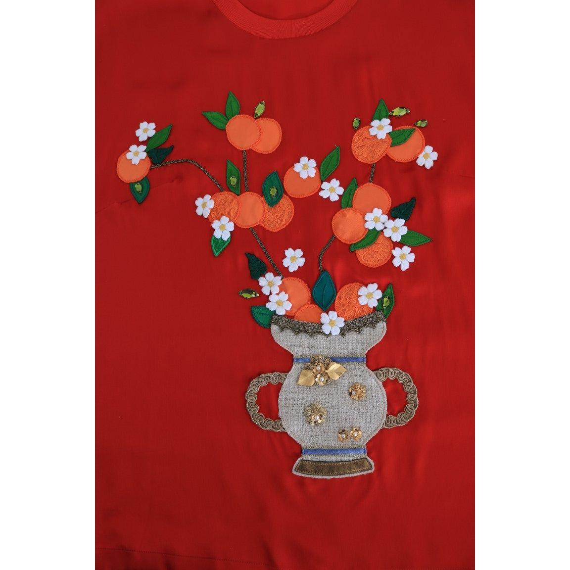 Dolce & Gabbana Red Silk Oranges Floral Crystal Blouse