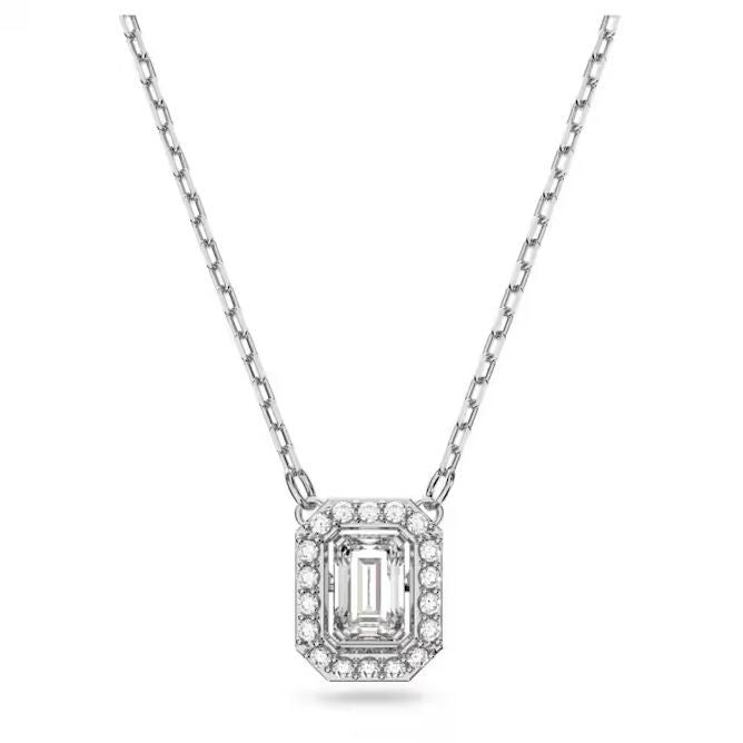 Elegant silver chain necklace with a rectangular crystal pendant.