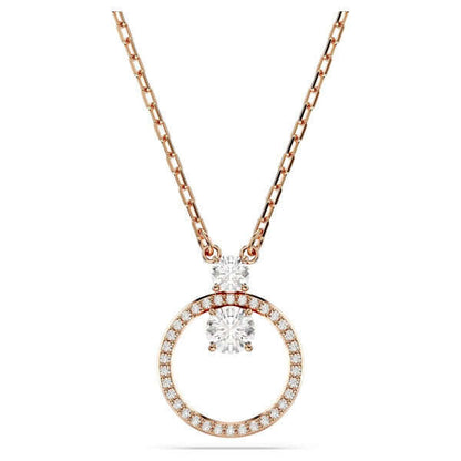 Elegant diamond circle pendant necklace with rose gold chain, featuring a sparkling design, perfect for adding luxury to any outfit.