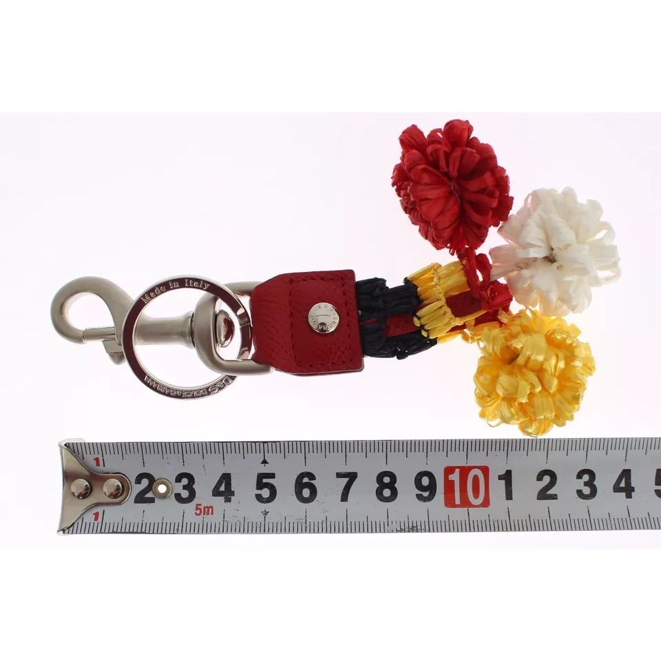 Dolce & Gabbana Silver Brown Raffia Leather Clasp Finder Chain Keyring