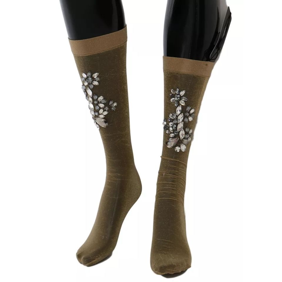 Dolce & Gabbana Gold Stretch Floral Clear Crystal Stocking Socks